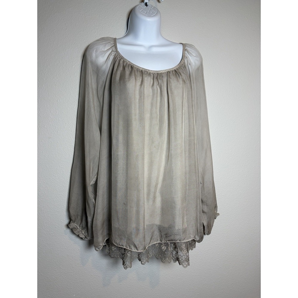 Amanti Beige Silk Blouse Lace Ruffle Hem Top~M~Balloon Sleeves Made in Italy